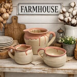 Bear Pottery Studio Pink Drip‎ Glaze Pitcher Creamer Handmade Wisconsin Studio